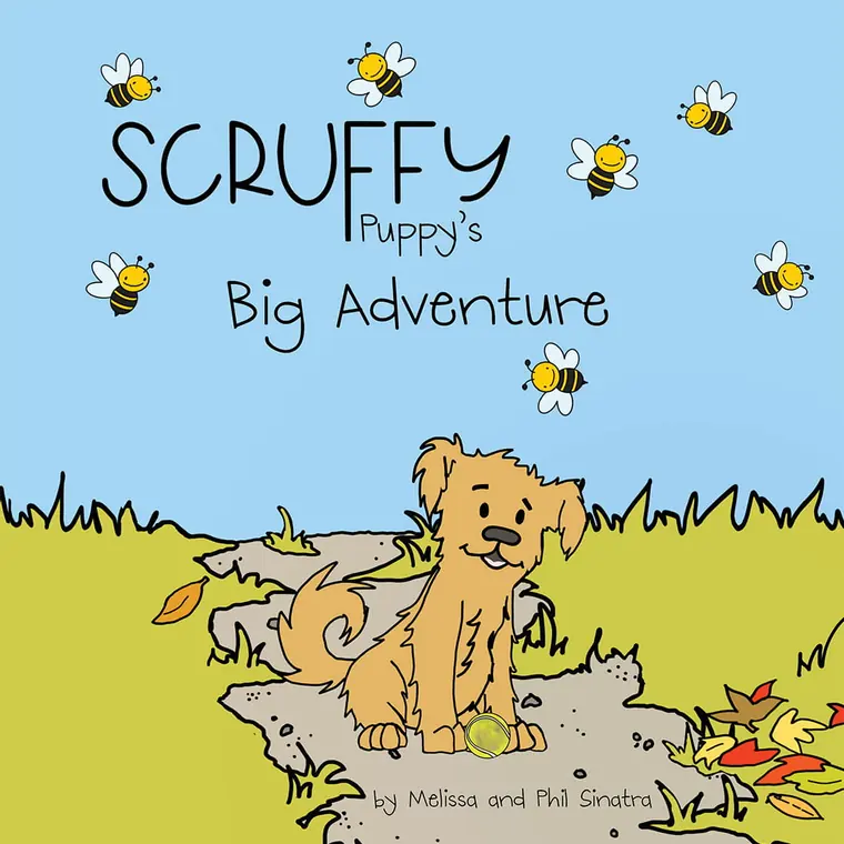 The cover of Scruffy Puppy&rsquo;s Big Adventure: the dog sitting on a path through tall grass with a tennis ball, bees overhead, by Melissa and Phil Sinatra.