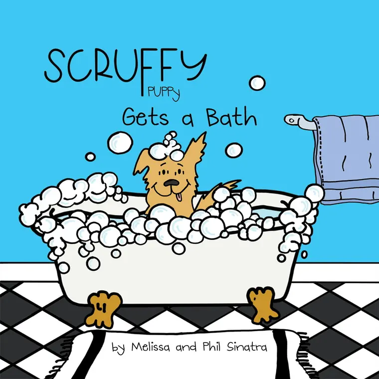 The cover of Scruffy Puppy Gets a Bath: a small scruffy dog sitting in a bathtub full of bubbles, by Melissa and Phil Sinatra.